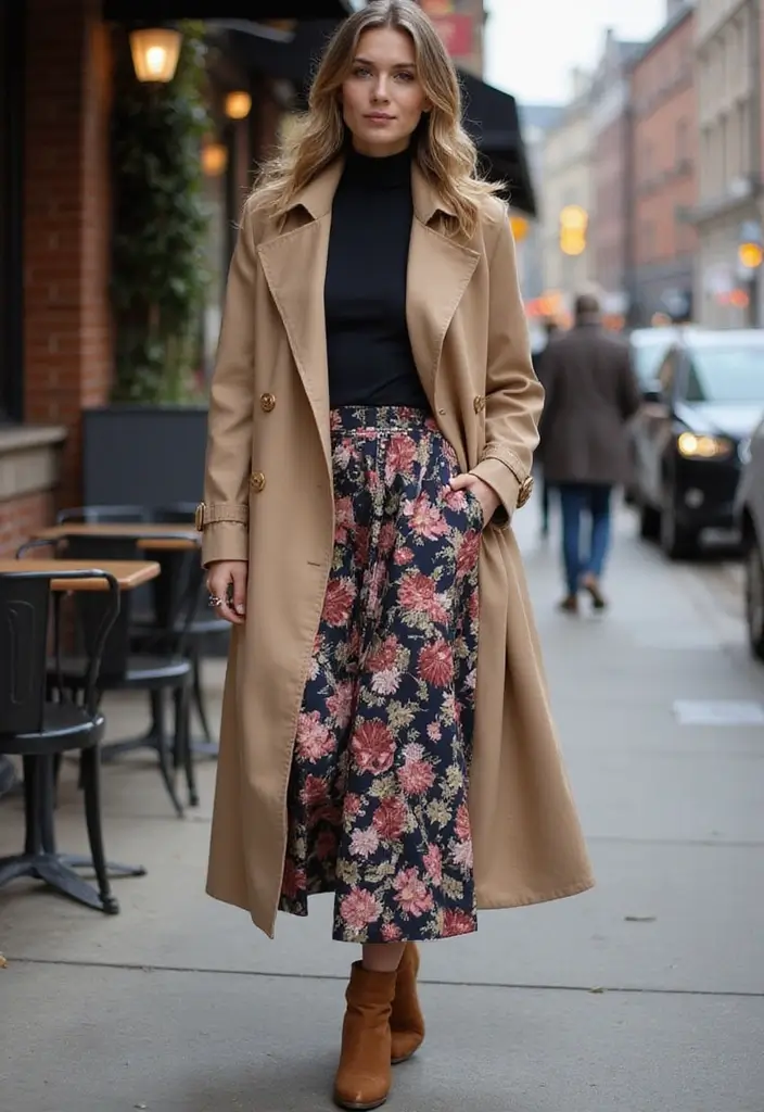 29 Stylish Long Skirt Winter Outfit For Every Occasion - 2. Floral Midi Skirt with Turtleneck