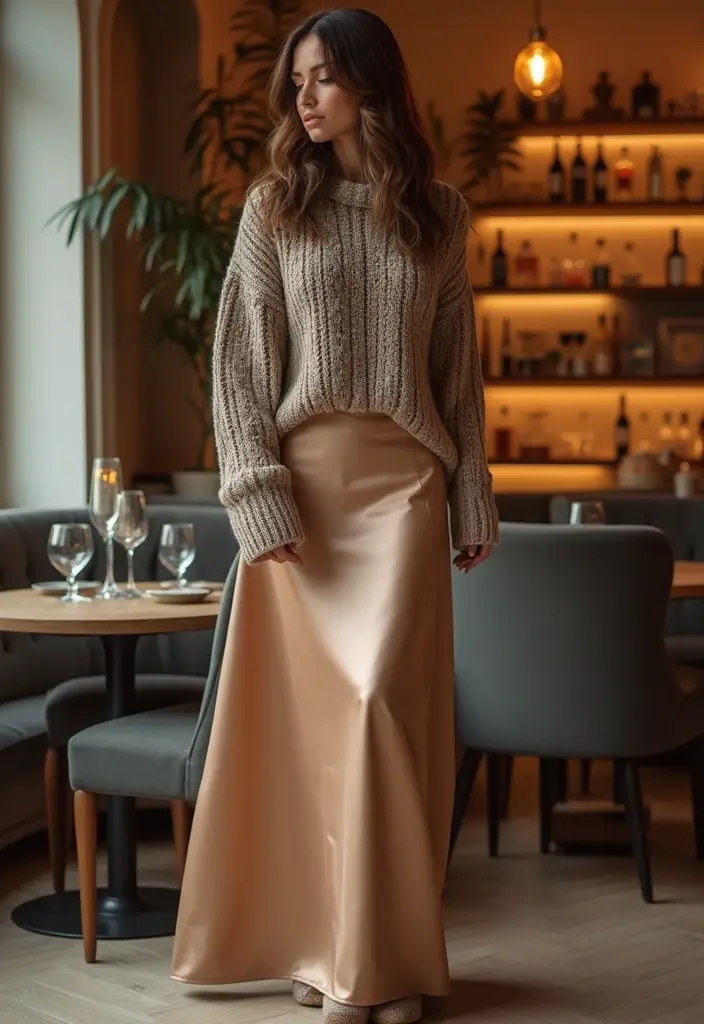 29 Stylish Long Skirt Winter Outfit For Every Occasion - 20. Long Satin Skirt with Chunky Knit