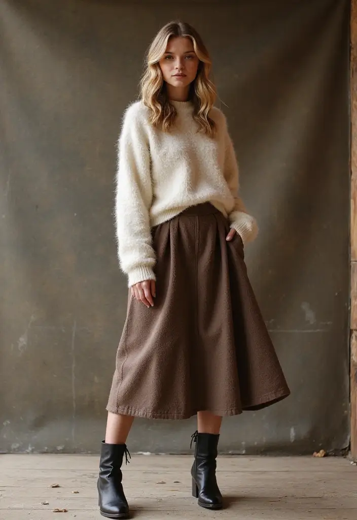 29 Stylish Long Skirt Winter Outfit For Every Occasion - 21. Long A-Line Skirt with Fuzzy Sweater