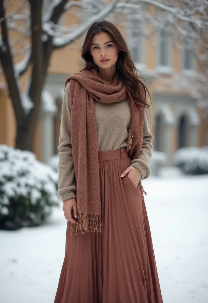 29 Stylish Long Skirt Winter Outfit For Every Occasion - 22. Long Skirt with a Pashmina