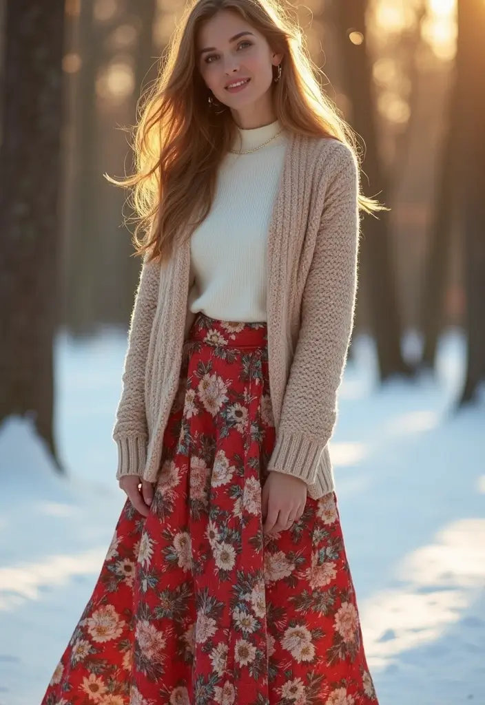 29 Stylish Long Skirt Winter Outfit For Every Occasion - 23. Long Skirt with Floral Print and Cardigan