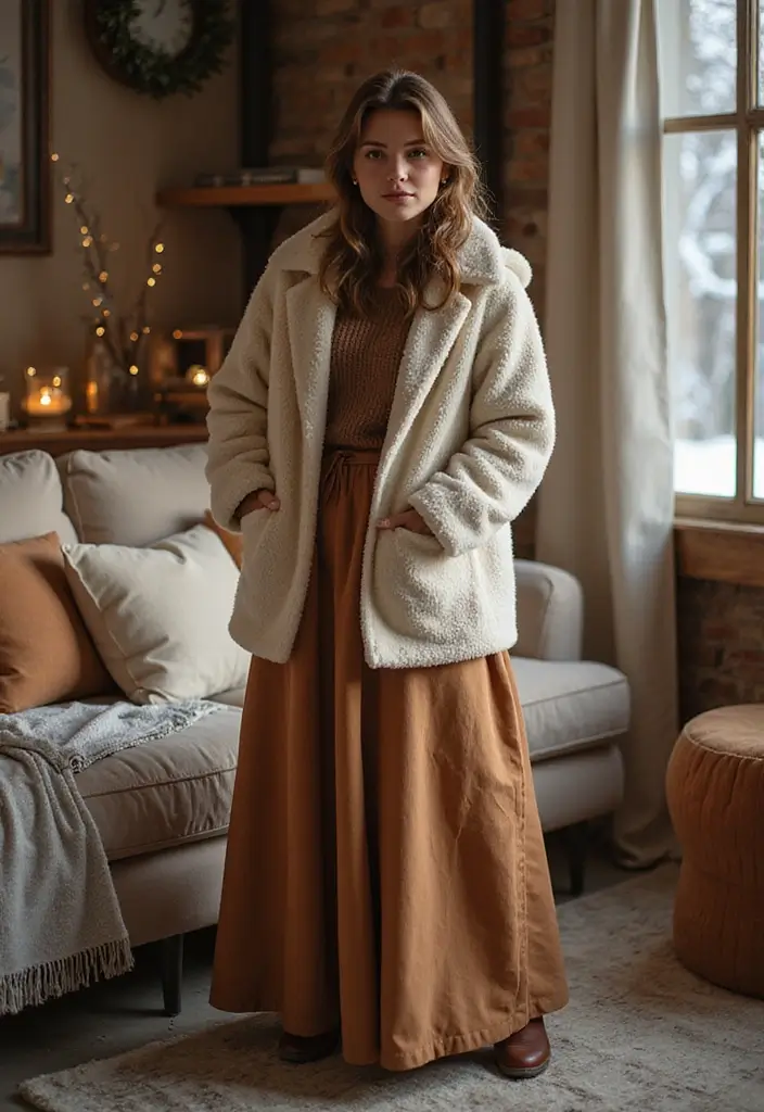 29 Stylish Long Skirt Winter Outfit For Every Occasion - 26. Long Skirt with a Fleece Jacket