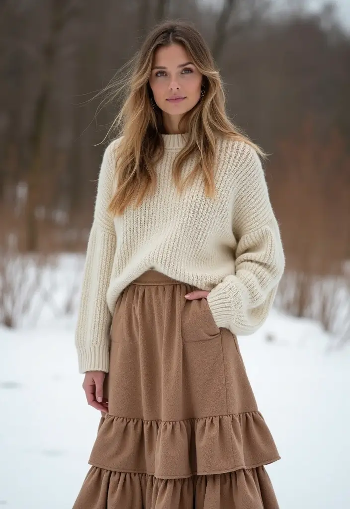 29 Stylish Long Skirt Winter Outfit For Every Occasion - 3. Layered Long Skirt with Oversized Sweater