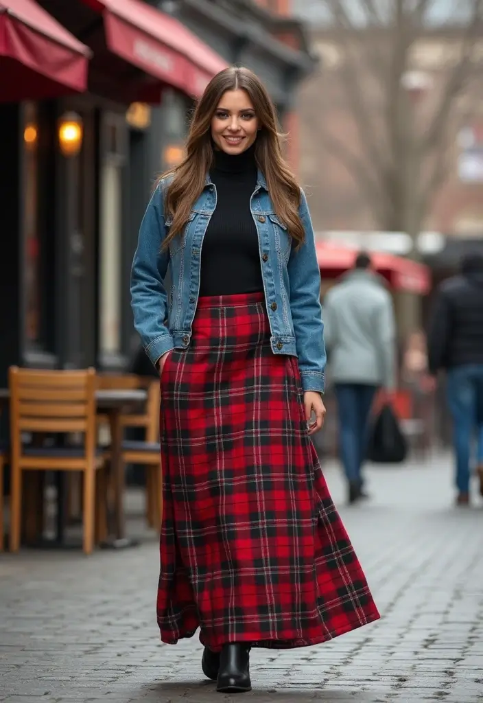 29 Stylish Long Skirt Winter Outfit For Every Occasion - 4. Plaid Long Skirt with Denim Jacket
