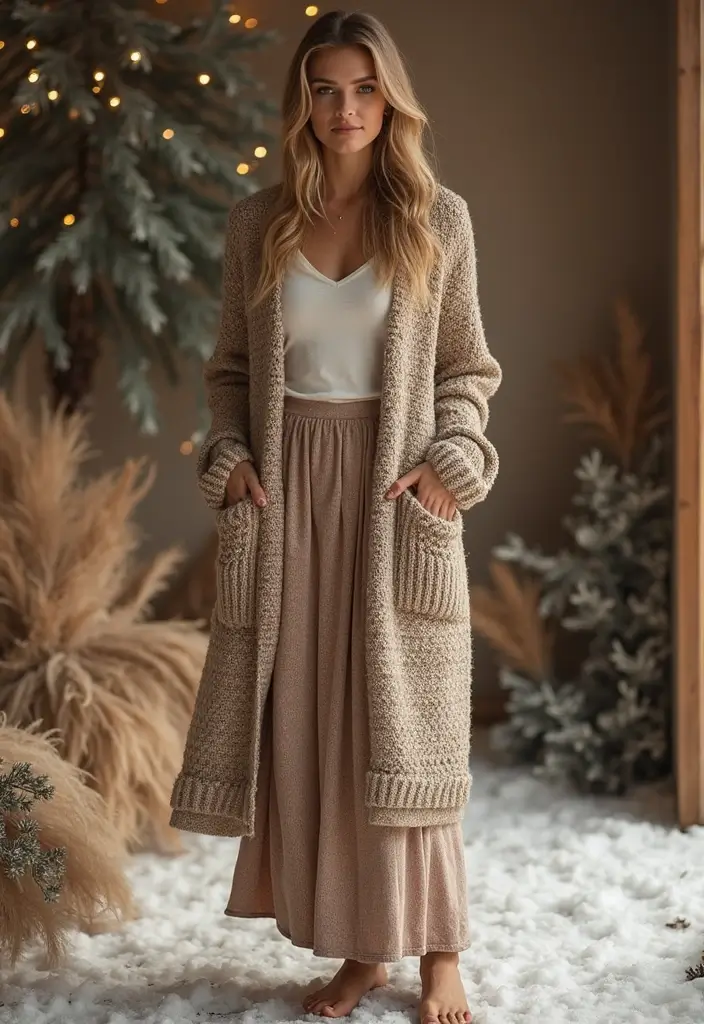 29 Stylish Long Skirt Winter Outfit For Every Occasion - 5. Knitted Long Skirt with Long Cardigan