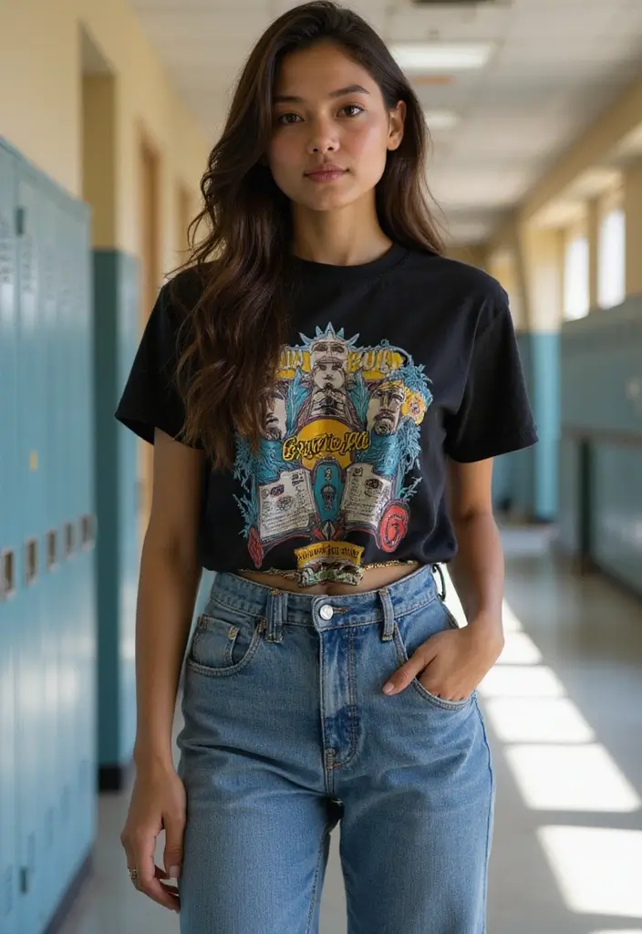 29 Trendy Back To School Outfit Inspo High School To Refresh Your Closet - 1. Vintage Band Tees with High-Waisted Jeans