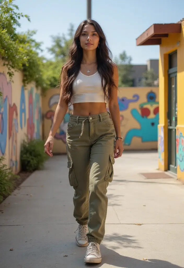 29 Trendy Back To School Outfit Inspo High School To Refresh Your Closet - 7. Cargo Pants with a Crop Top