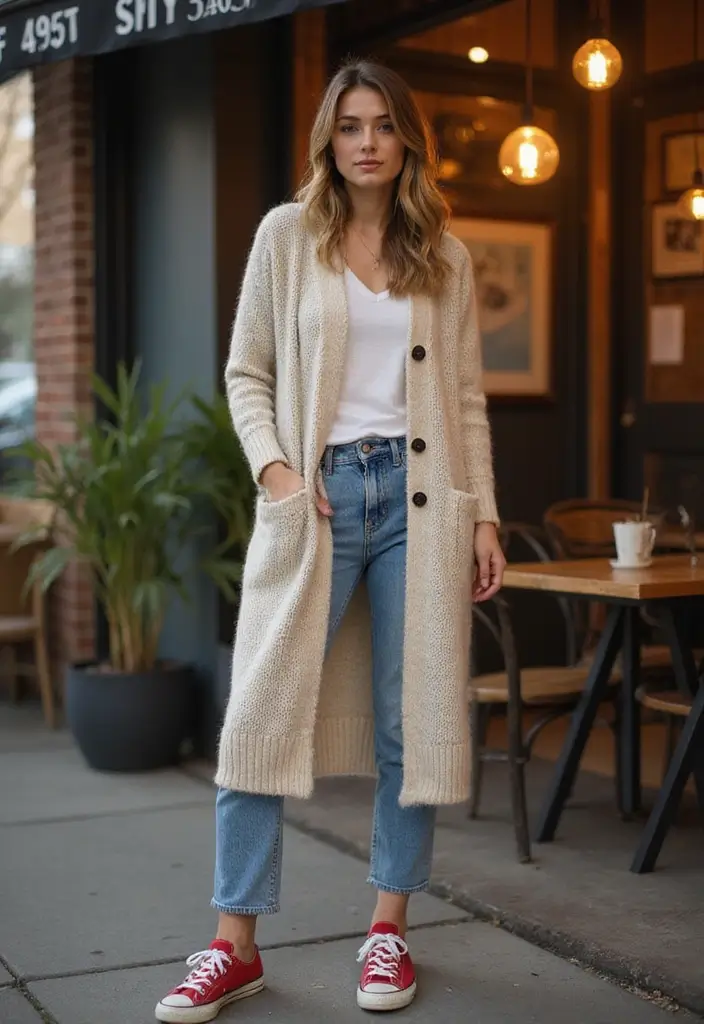29 Zapatillas Rojas Outfit Ideas That Feel Effortless - 12. Layering with a Long Cardigan