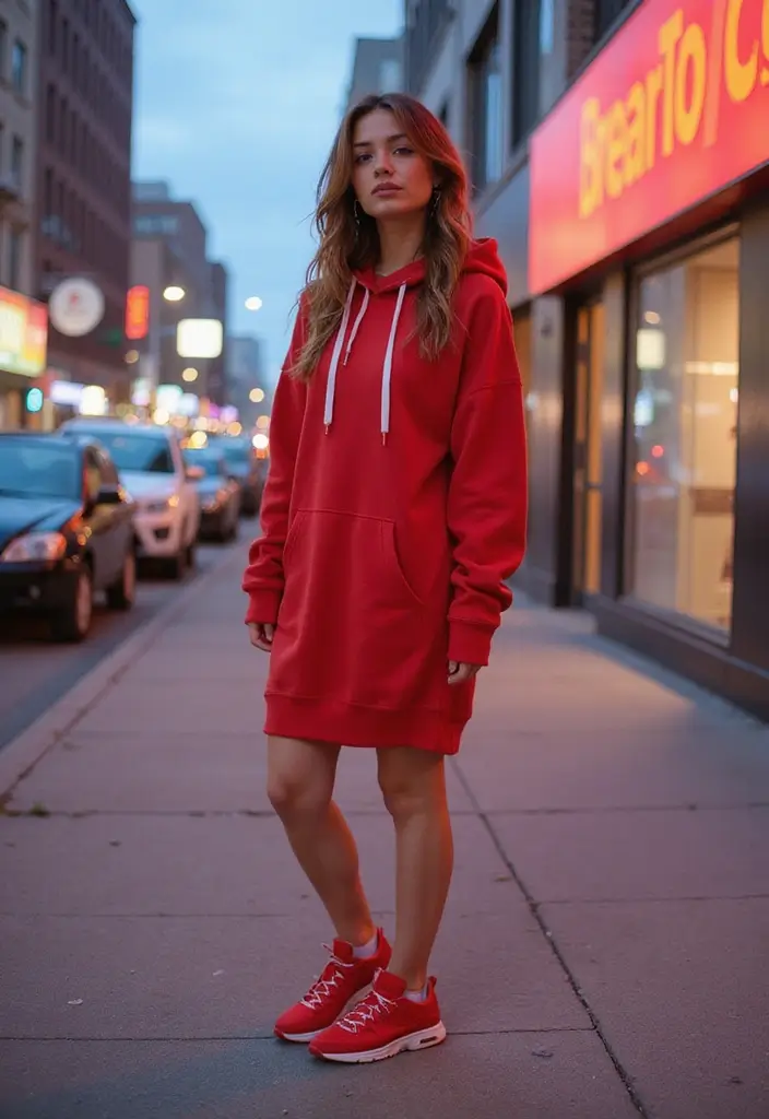 29 Zapatillas Rojas Outfit Ideas That Feel Effortless - 13. Easygoing with a Hoodie Dress