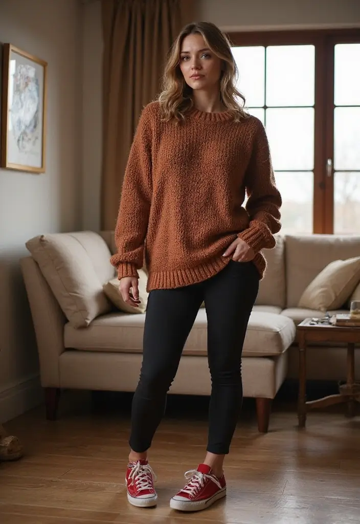 29 Zapatillas Rojas Outfit Ideas That Feel Effortless - 17. Cozy Knit Sweater and Leggings