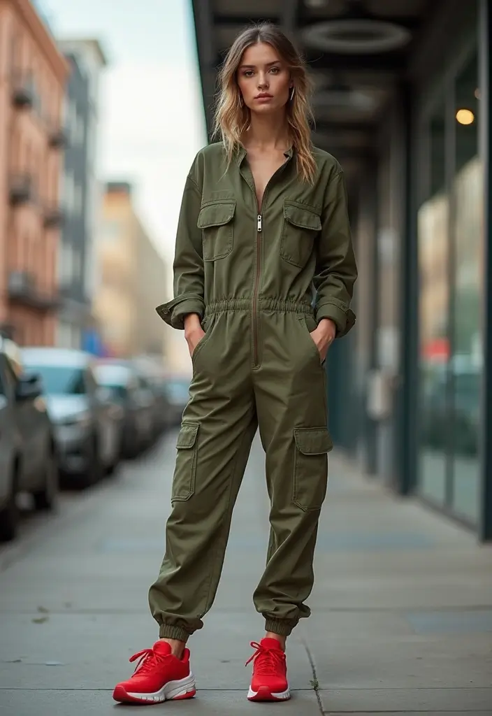 29 Zapatillas Rojas Outfit Ideas That Feel Effortless - 20. Effortlessly Cool in a Utility Jumpsuit