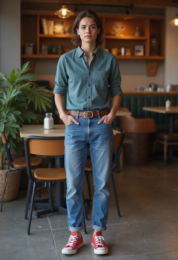 29 Zapatillas Rojas Outfit Ideas That Feel Effortless - 23. Timeless with a Button-Up Shirt