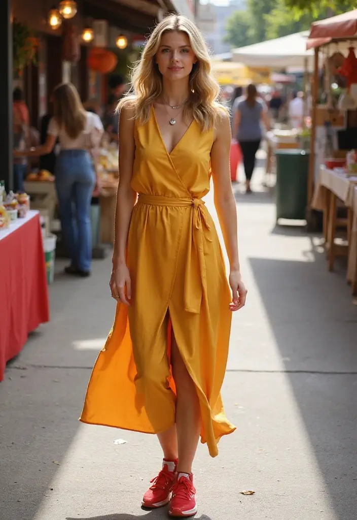 29 Zapatillas Rojas Outfit Ideas That Feel Effortless - 24. Flirty with a Wrap Dress