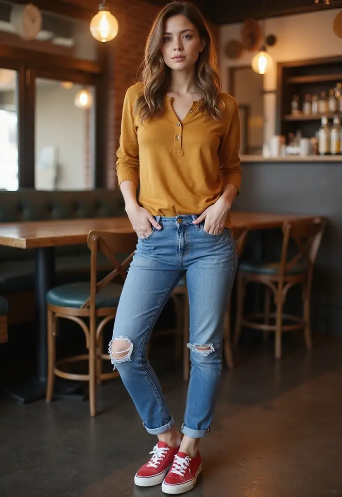 29 Zapatillas Rojas Outfit Ideas That Feel Effortless - 25. Casual in a Henley Top
