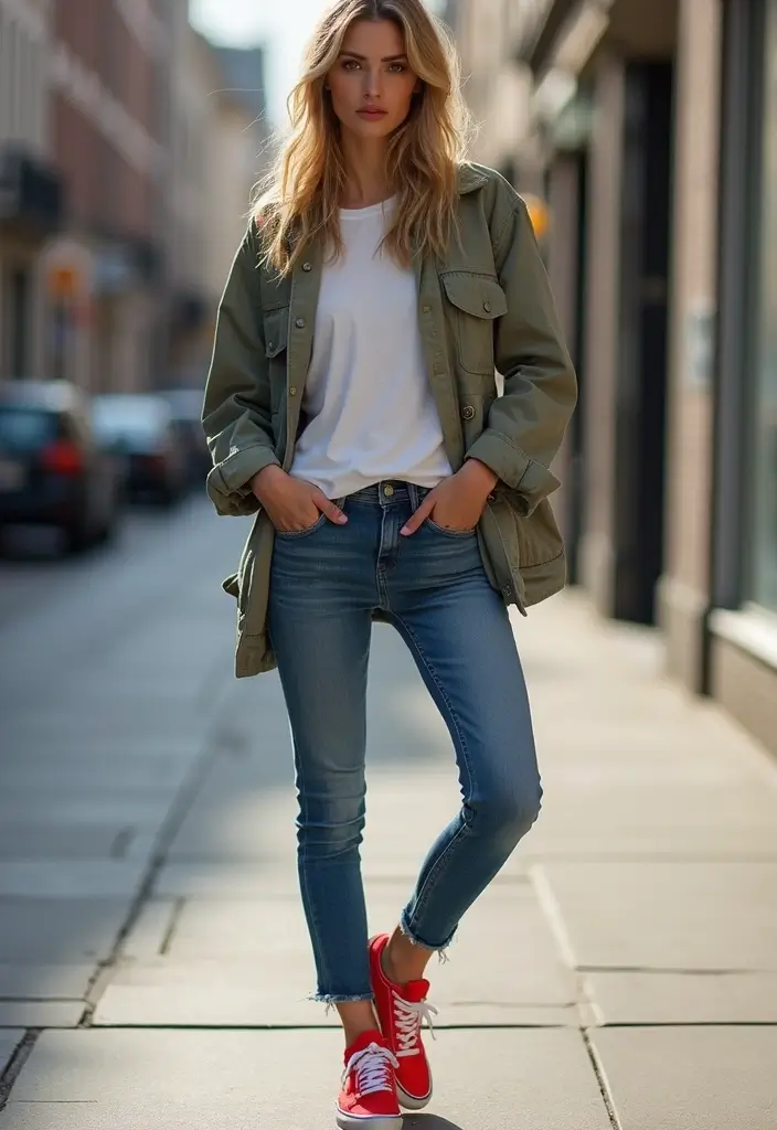 29 Zapatillas Rojas Outfit Ideas That Feel Effortless - 6. Layered with a Lightweight Jacket