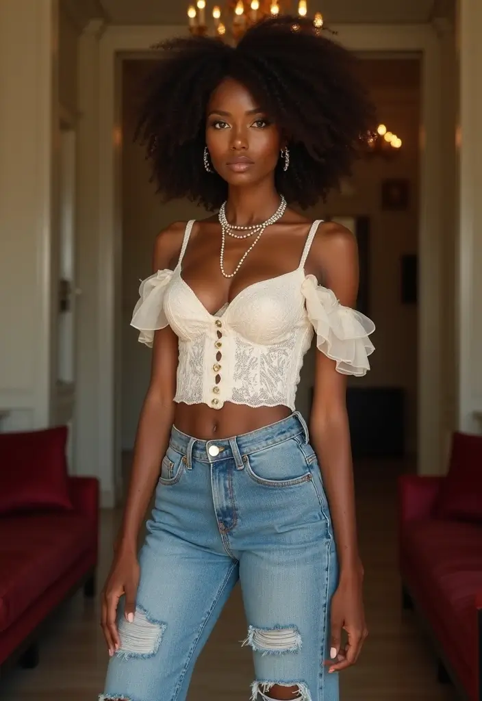 30 Boyfriend Jeans Outfit Black Women Inspirations For Real Life - 11. Vintage Flair with Pearls