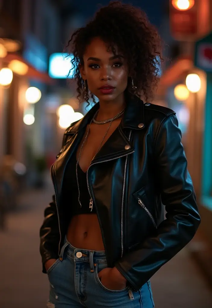 30 Boyfriend Jeans Outfit Black Women Inspirations For Real Life - 13. Edgy Vibes with Leather Jackets