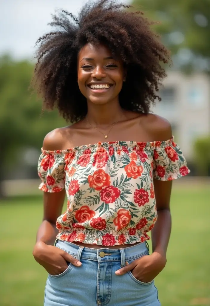 30 Boyfriend Jeans Outfit Black Women Inspirations For Real Life - 14. Fun Floral Prints