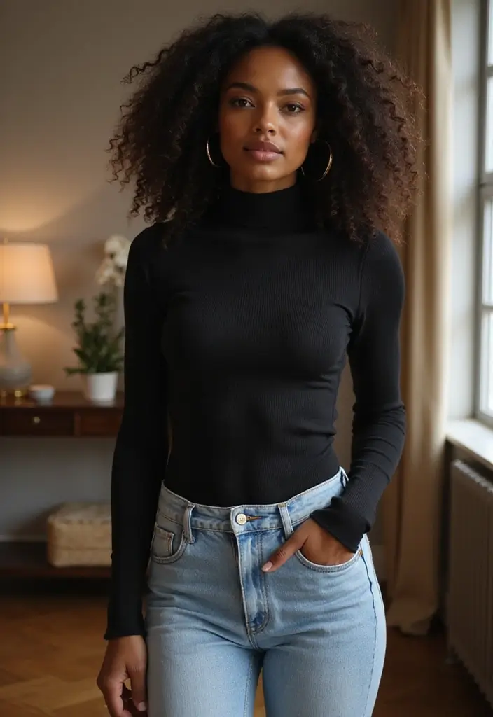 30 Boyfriend Jeans Outfit Black Women Inspirations For Real Life - 19. Chic with Turtlenecks