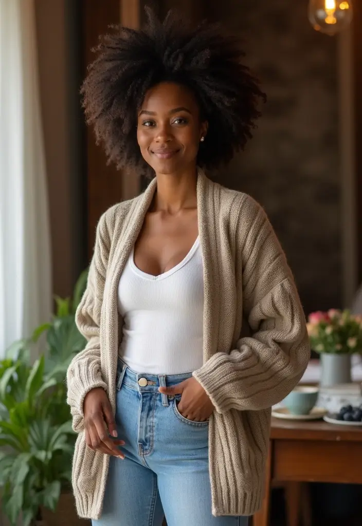 30 Boyfriend Jeans Outfit Black Women Inspirations For Real Life - 20. Layering with Cardigans