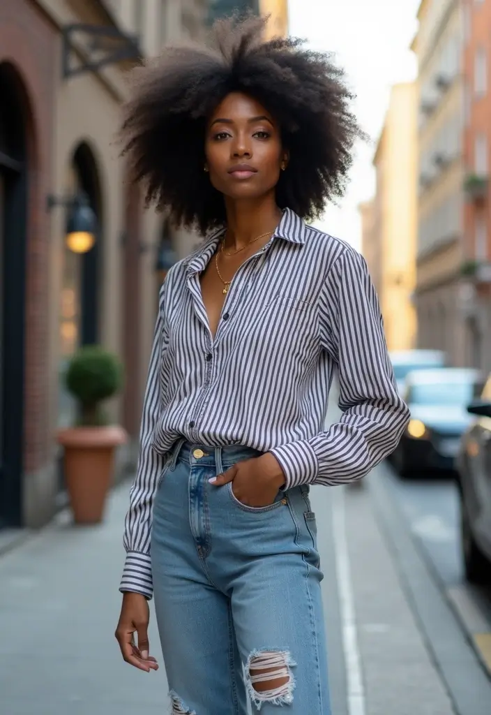 30 Boyfriend Jeans Outfit Black Women Inspirations For Real Life - 23. Timeless Stripes