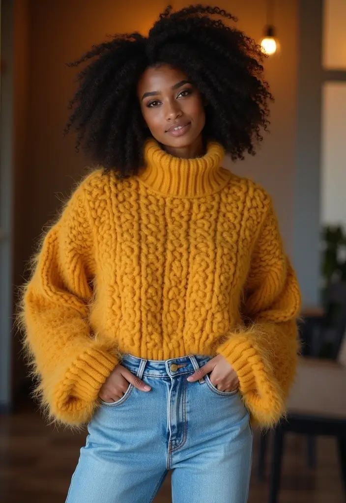 30 Boyfriend Jeans Outfit Black Women Inspirations For Real Life - 24. Fluffy Knitwear