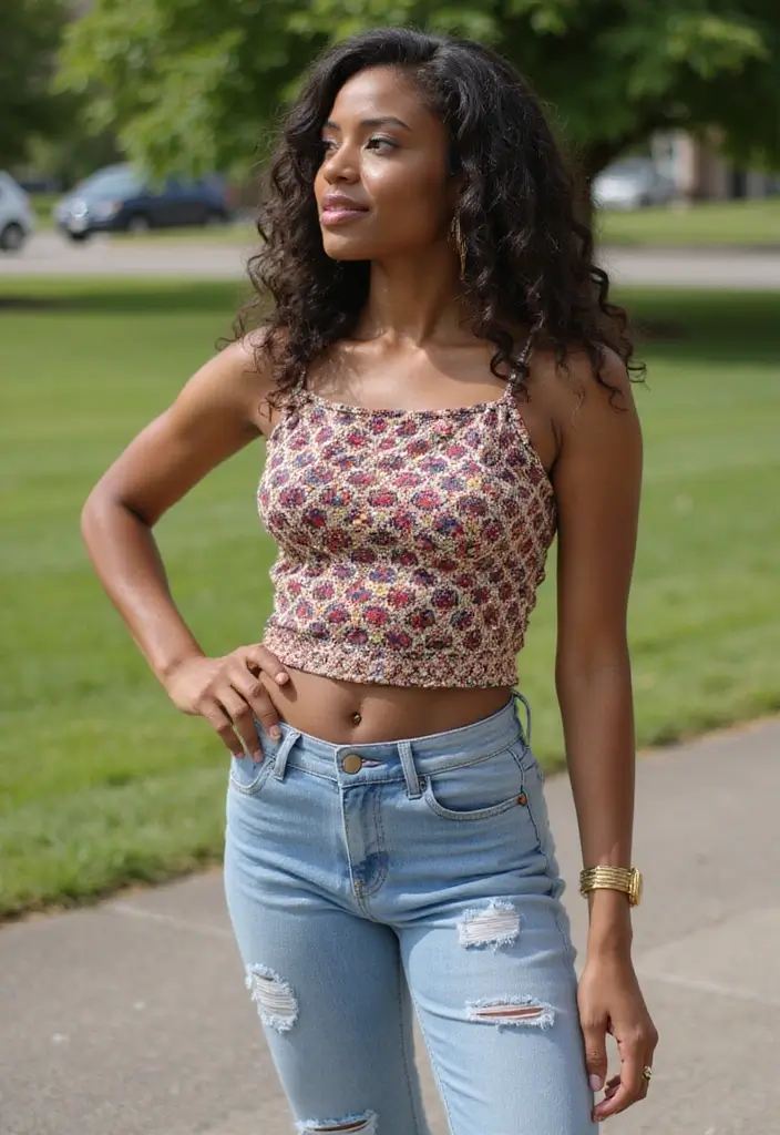 30 Boyfriend Jeans Outfit Black Women Inspirations For Real Life - 25. Playful with Patterns