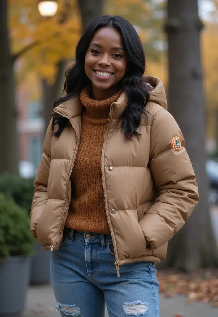 30 Boyfriend Jeans Outfit Black Women Inspirations For Real Life - 29. Cozy Puffer Jackets