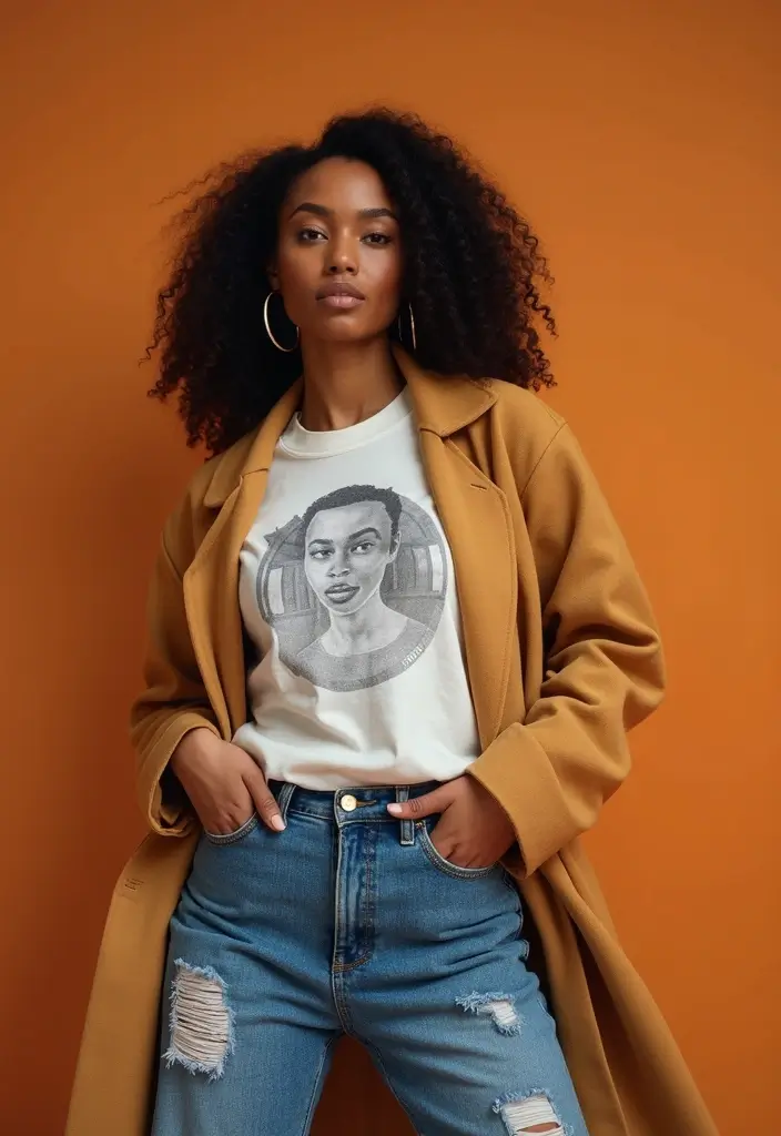 30 Boyfriend Jeans Outfit Black Women Inspirations For Real Life - 3. Graphic Tee and Duster Jacket