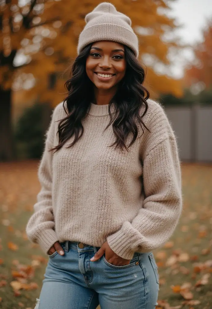 30 Boyfriend Jeans Outfit Black Women Inspirations For Real Life - 4. Cozy Sweater Weather