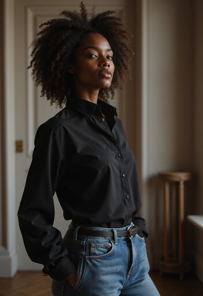 30 Boyfriend Jeans Outfit Black Women Inspirations For Real Life - 8. Chic Monochrome Look