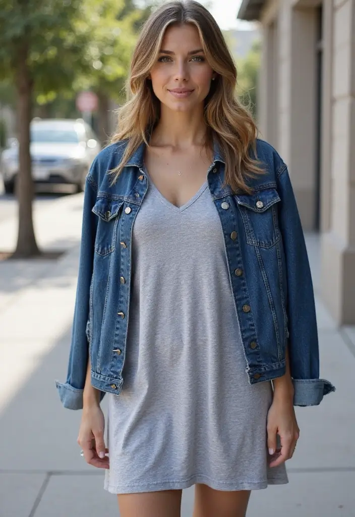 30 Grey Dress Outfit Styling Tips To Wear With Confidence - 25. Keep It Casual with a Denim Jacket