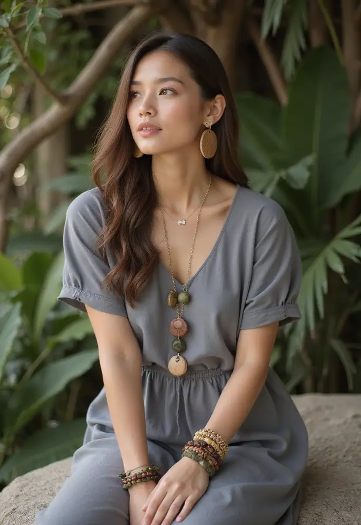 30 Grey Dress Outfit Styling Tips To Wear With Confidence - 8. Accessorize with Nature-Inspired Jewelry