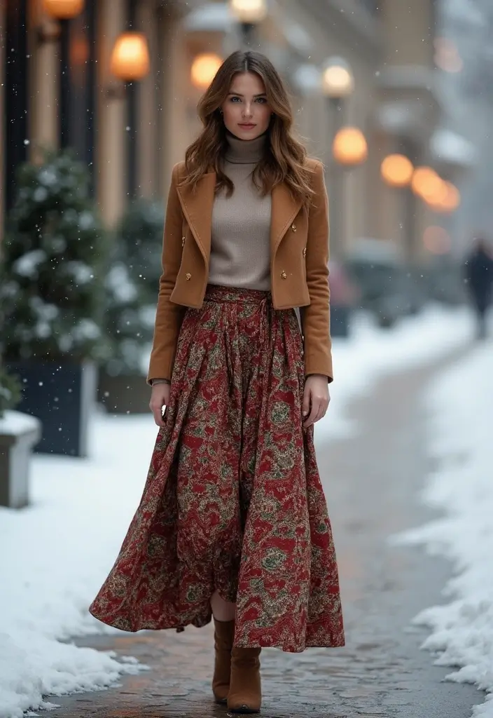 30 Idee Outfit Invernali Inspirations For Real Life - 19. Printed Midi Skirt