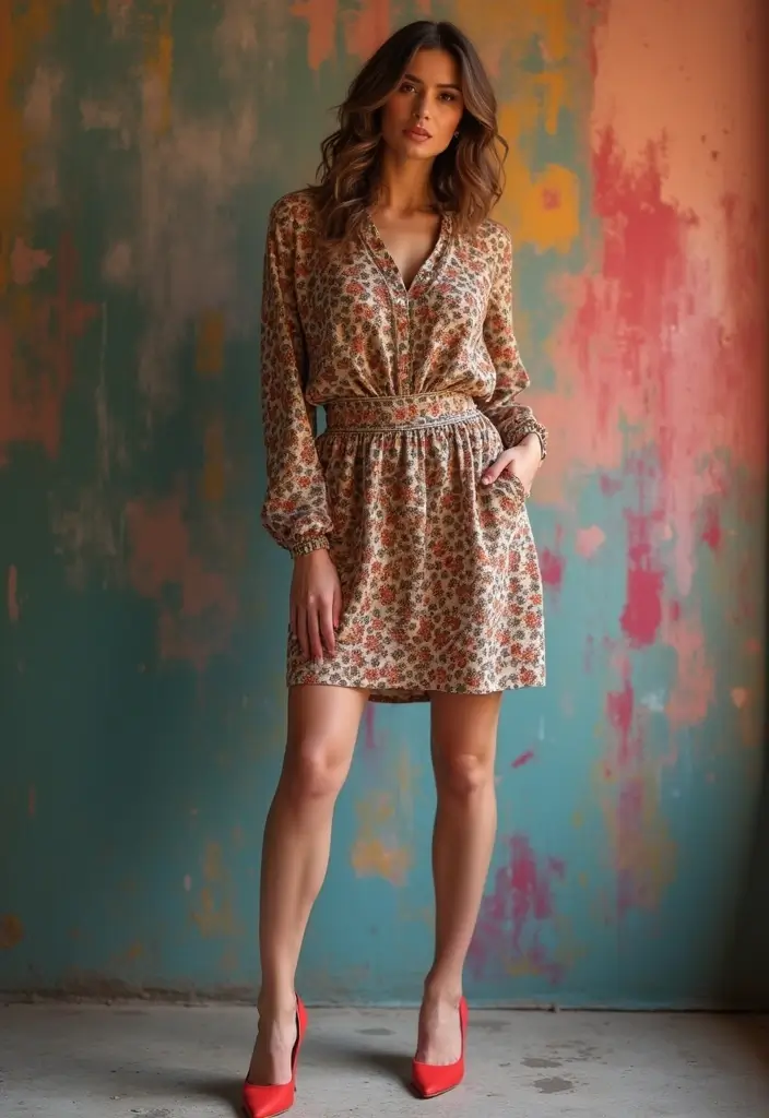 30 Kitten Heels Outfits That Flatter Every Figure - 28. Artistic Prints