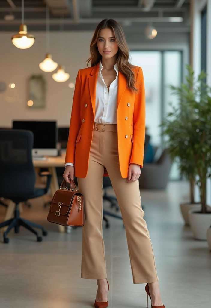 30 Must-Try Edgy Office Outfit Combos This Season - 12. Vivid Blazer with Neutral Tones