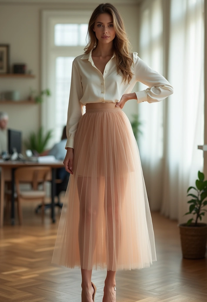 30 Must-Try Edgy Office Outfit Combos This Season - 14. Blouse with Tulle Skirt