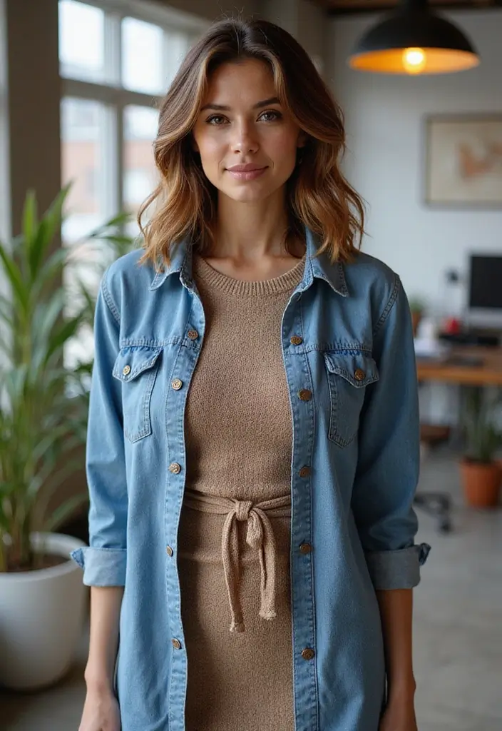 30 Must-Try Edgy Office Outfit Combos This Season - 16. Knit Dress with Denim Shirt