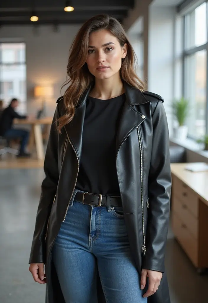 30 Must-Try Edgy Office Outfit Combos This Season - 18. Leather Duster with Denim Outfit