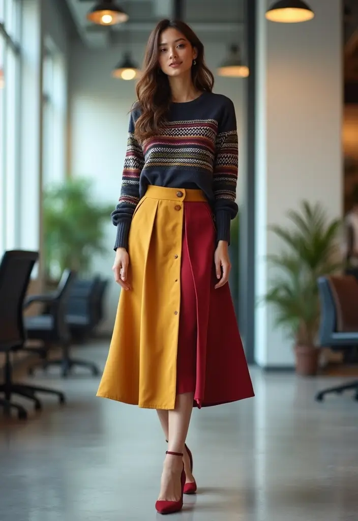 30 Must-Try Edgy Office Outfit Combos This Season - 19. Layered Midi Skirt with Graphic Sweater