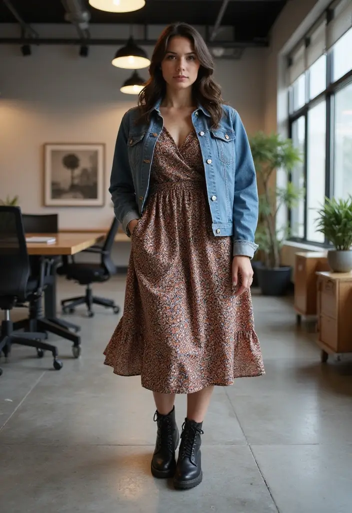 30 Must-Try Edgy Office Outfit Combos This Season - 2. Midi Dress with Combat Boots