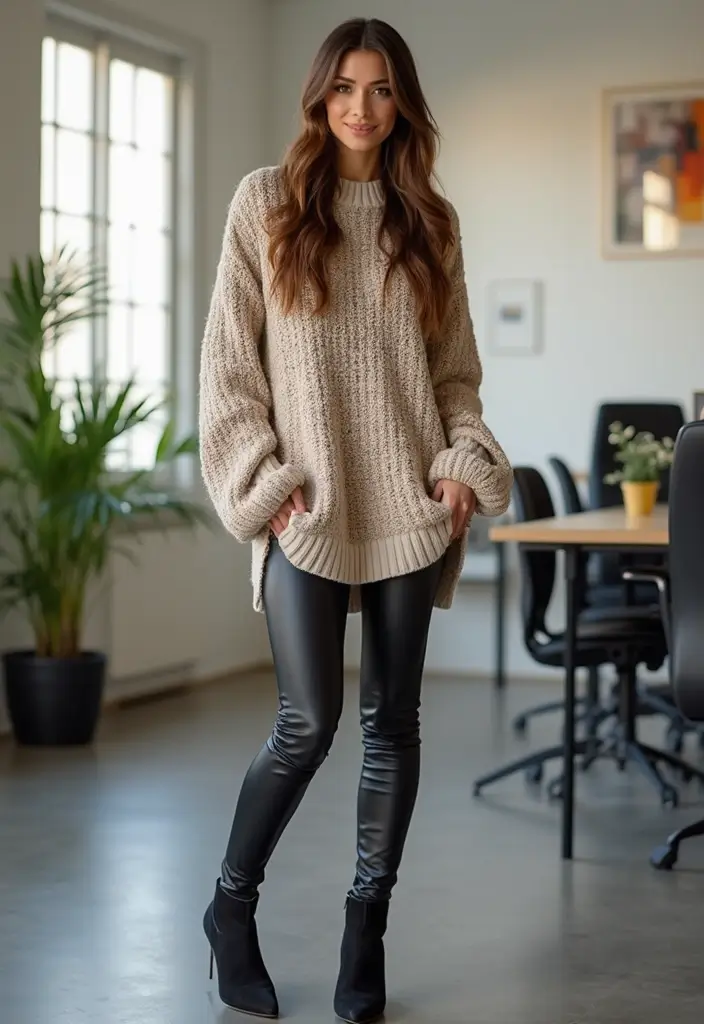 30 Must-Try Edgy Office Outfit Combos This Season - 24. Oversized Knit with Leather Leggings