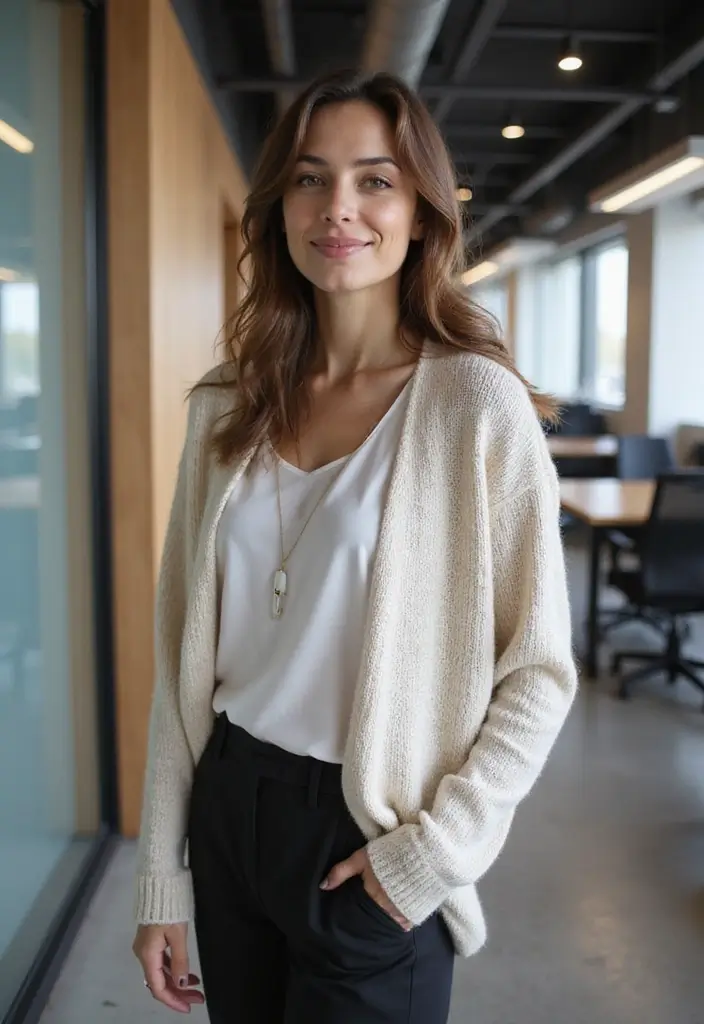 30 Must-Try Edgy Office Outfit Combos This Season - 25. Slouchy Cardigan with Business Casual Trousers