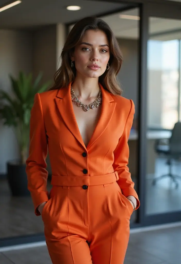 30 Must-Try Edgy Office Outfit Combos This Season - 4. Tailored Jumpsuit with Statement Necklace