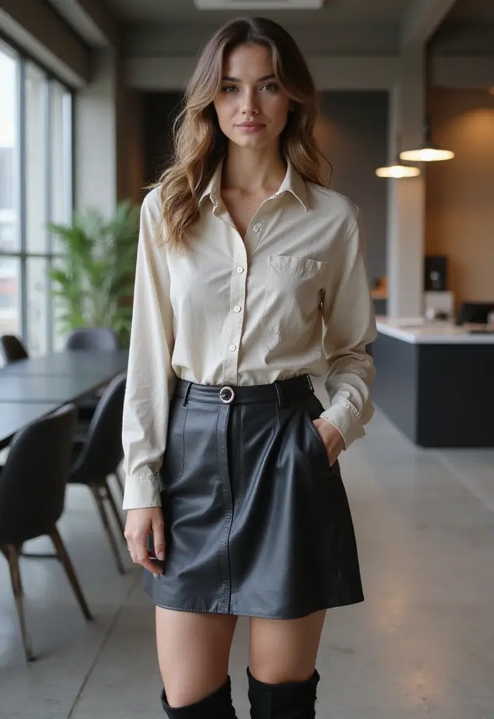 30 Must-Try Edgy Office Outfit Combos This Season - 5. Faux Leather Skirt with Button-Up Shirt