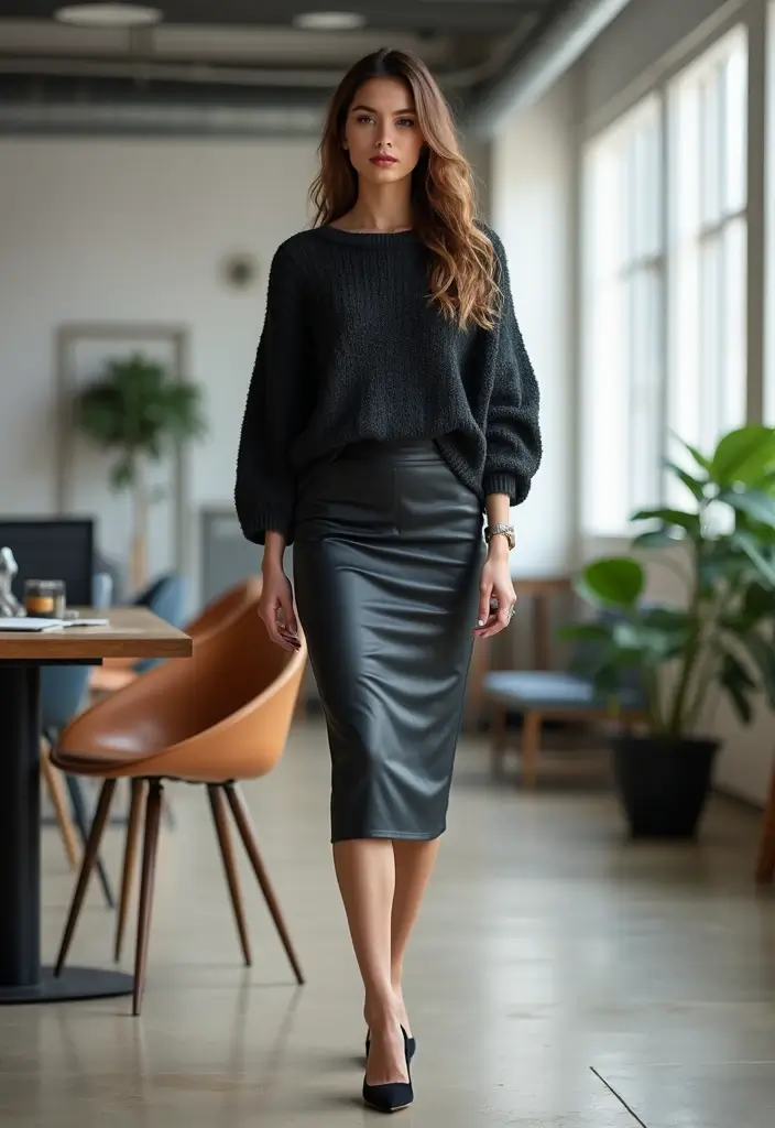 30 Must-Try Edgy Office Outfit Combos This Season - 7. Pencil Skirt with Oversized Sweater