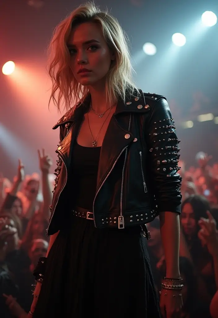30 Stylish Rock Concert Outfits for Every Occasion - 16. Punk Rock Vibe: Studded Jacket & Black Dress