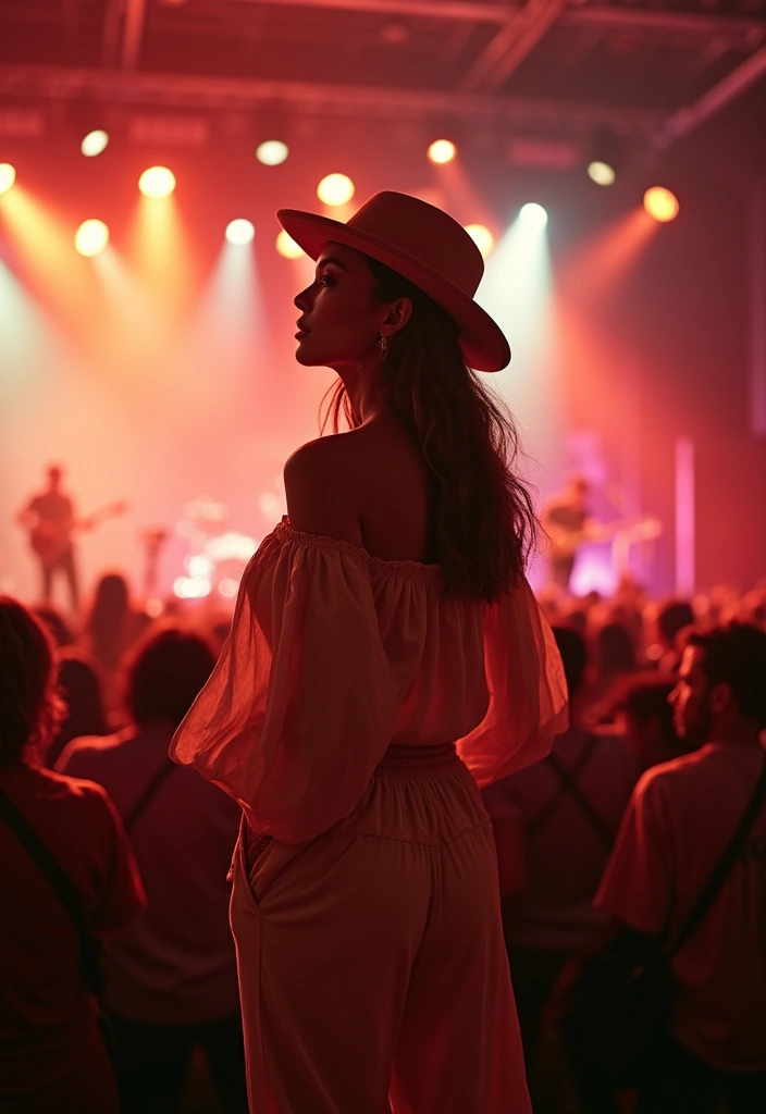 30 Stylish Rock Concert Outfits for Every Occasion - 24. Boho Chic: Off-Shoulder Top & Wide-Leg Trousers