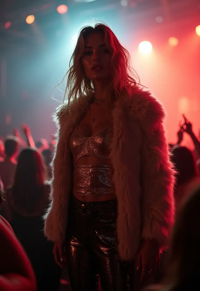 30 Stylish Rock Concert Outfits for Every Occasion - 30. Rock Star Glam: Metallics & Faux Fur