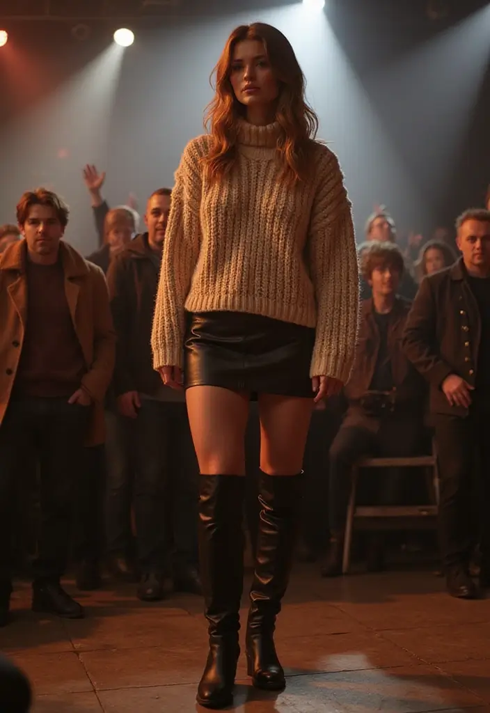 30 Stylish Rock Concert Outfits for Every Occasion - 6. Chunky Knit Sweater & Leather Skirt